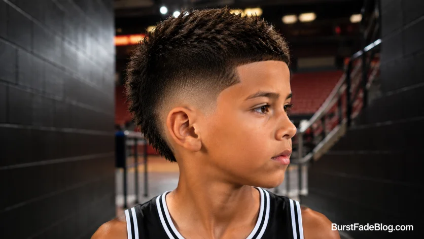 Athlete-inspired burst fade haircut for kids with a sporty finish and clean faded sides.