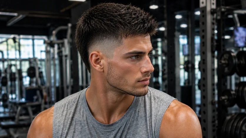 Athletic Burst Fade Crew Cut with a sporty textured top and clean burst fade.