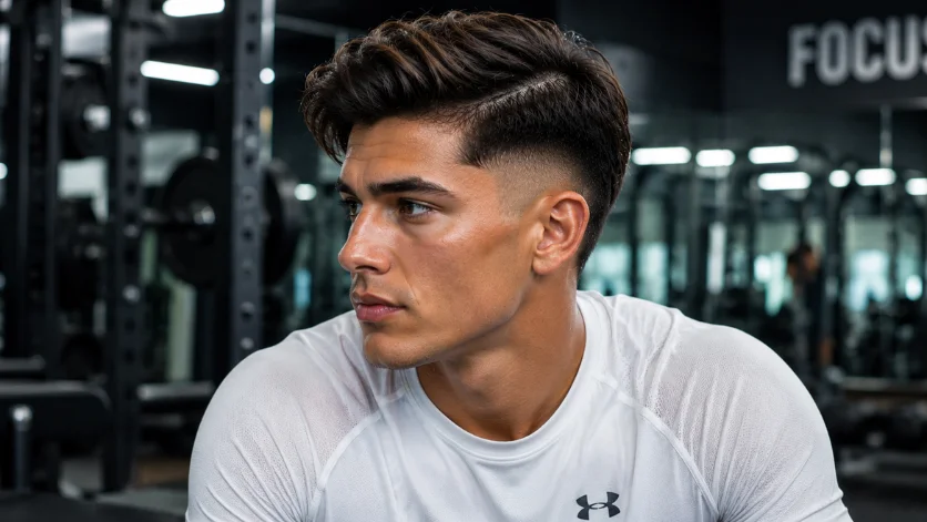 Athletic burst fade side part haircut with sporty styling, white training shirt, and professional gym background.