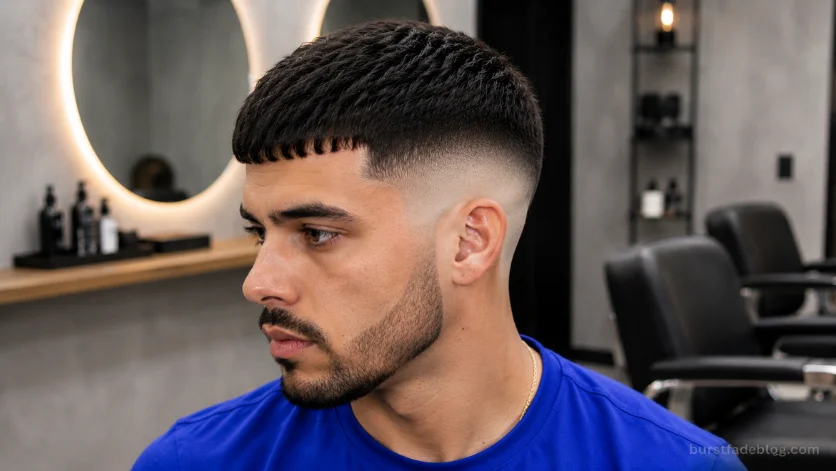 Bald Burst Fade Caesar haircut with sharp fringe and clean skin fade around the ears.