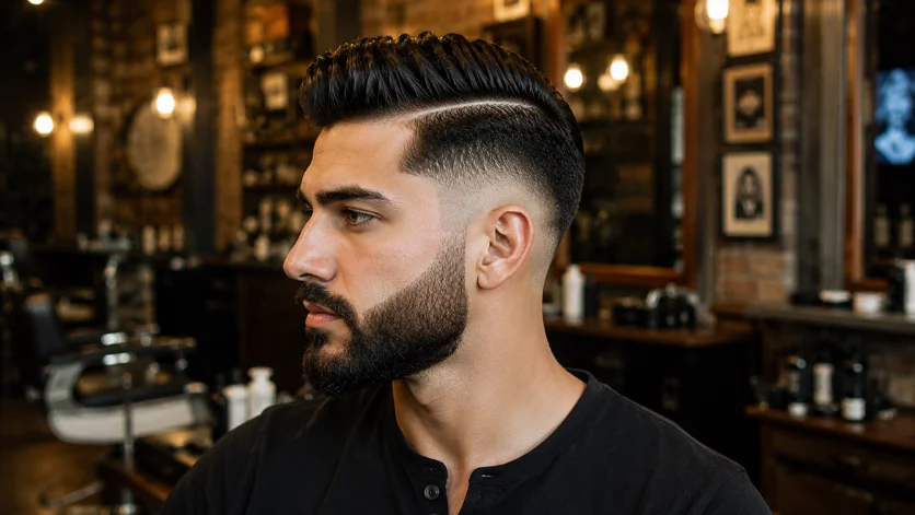 Beard Blend Burst Fade Hard Part haircut with seamless beard fade and sharp hard part.