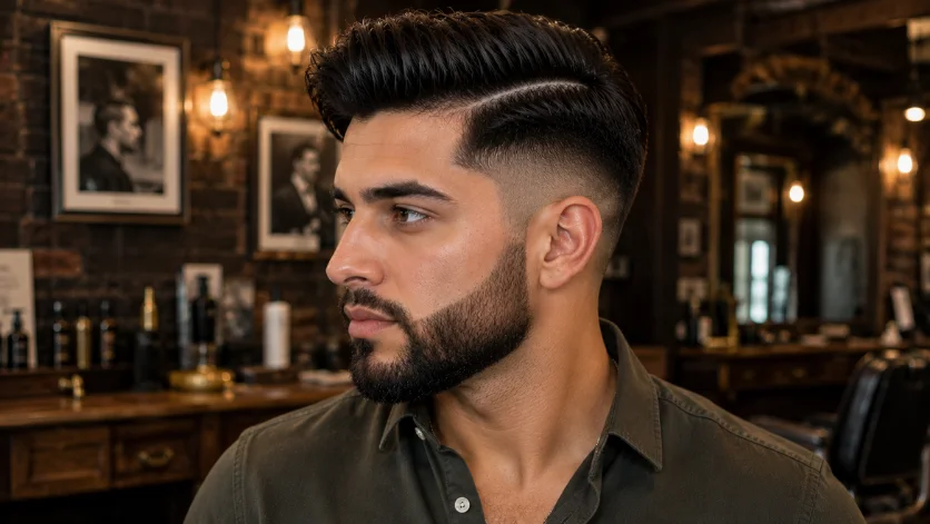 Beard blend burst fade side part haircut with seamless beard fade transition in a luxury barbershop setting.