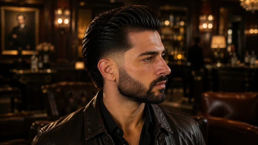 Beard blend burst fade slick back haircut for men with seamless fade-to-beard transition, slicked-back hair, leather jacket, and upscale gentleman’s club setting.