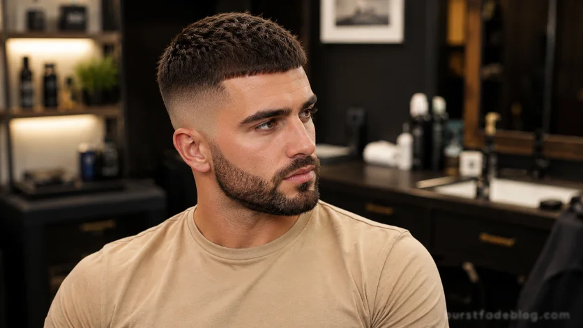 Beard Blend Caesar Fade haircut with seamless beard fade transition, textured Caesar top, sand beige t-shirt, modern grooming studio background.