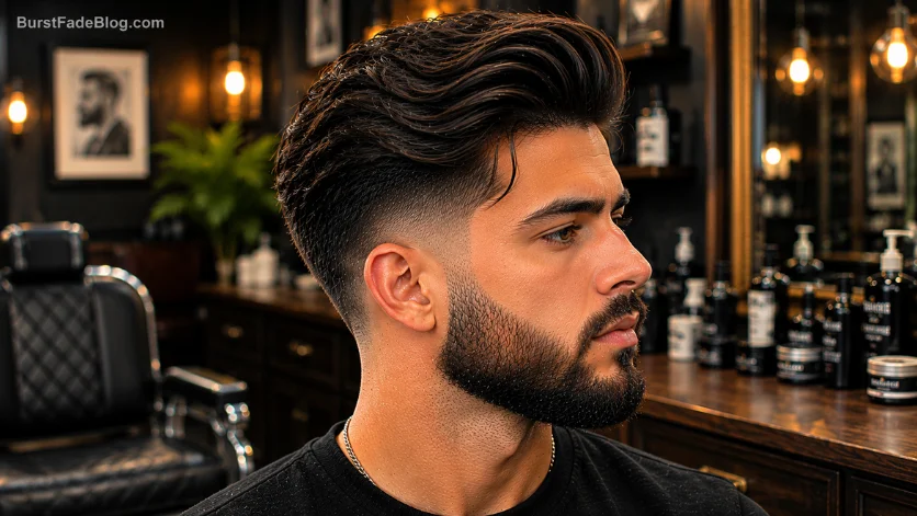 "Beard Burst Fade Comb Over haircut with full beard and seamless fade blend."
