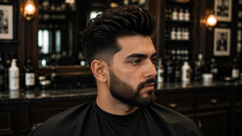 **SEO Optimized Alt Text:**
Beard and quiff haircut for men with a perfectly blended beard, textured quiff, and modern barber styling in a luxury barbershop.