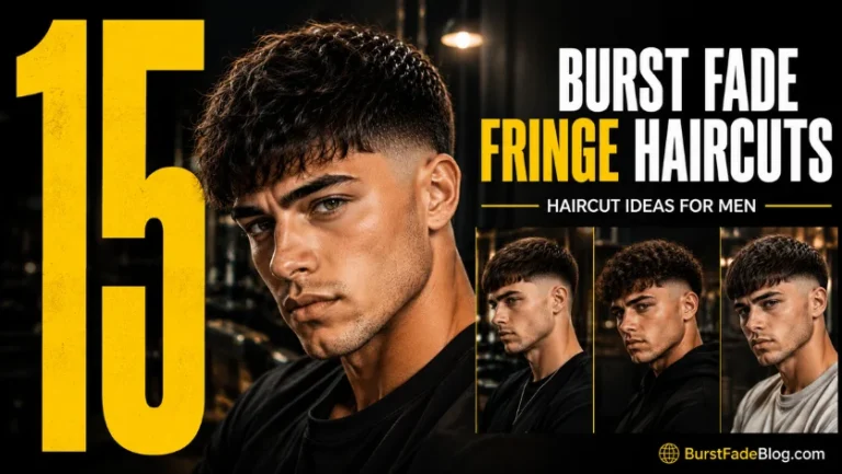 15 Burst Fade Fringe Haircuts for Men feature image with modern hairstyle inspiration.