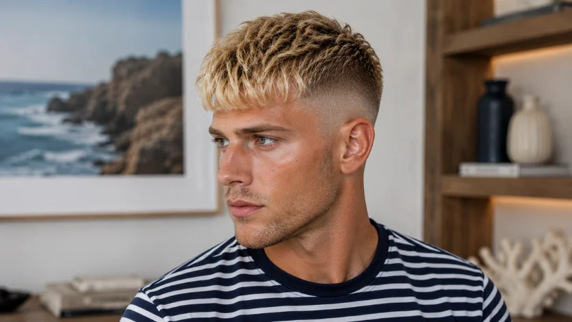 Blonde French Crop Fade haircut with textured blonde crop and clean burst fade, 