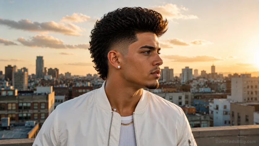 Blowout burst fade haircut with a voluminous textured top, clean fade around the ears, and confident side profile on a rooftop city skyline at golden hour.