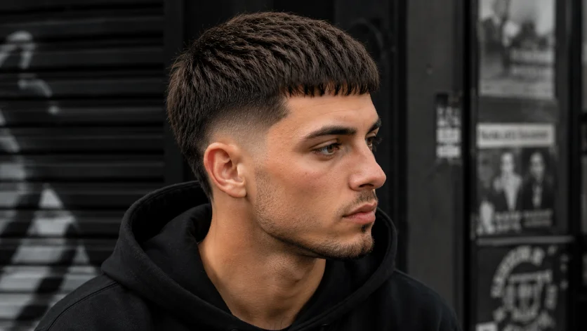 Blunt Fringe French Crop Fade haircut with straight fringe and clean burst fade hairstyle 