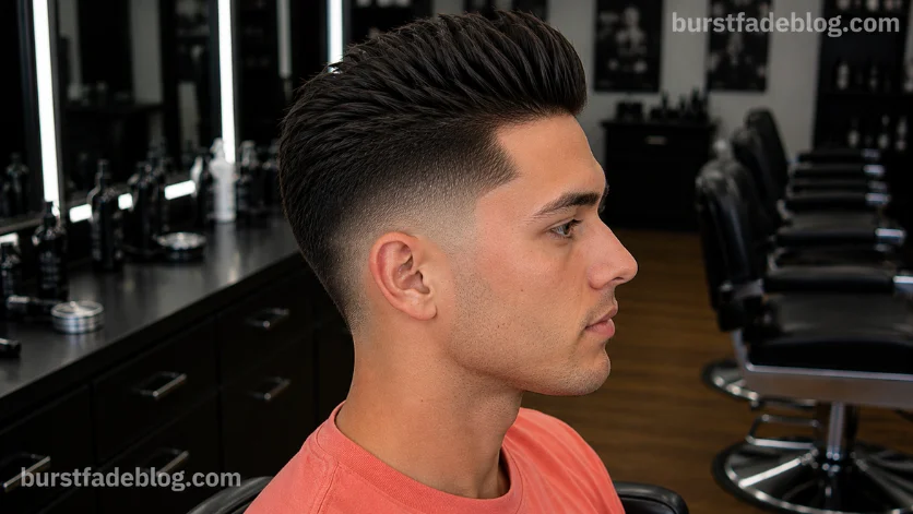 Brush Up Burst Fade Taper haircut with upward styled hair, 