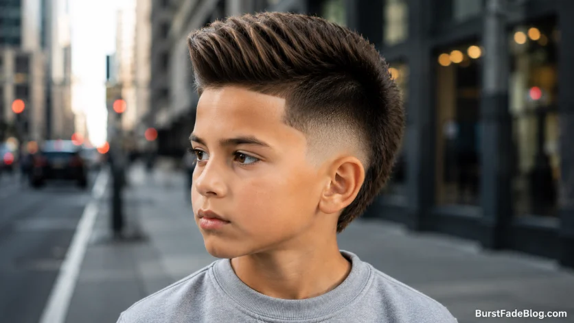 Brush up burst fade haircut for kids with lifted brushed-back hair and clean faded sides.