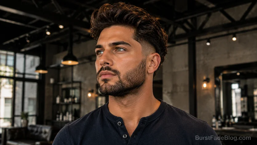 Brush-up wavy burst fade with lifted front volume.
