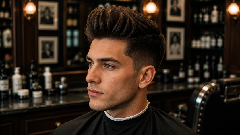 **SEO Optimized Alt Text:**
Brushed up quiff haircut for men with vertical lift, airy volume, and a youthful modern style in a luxury barber shop.