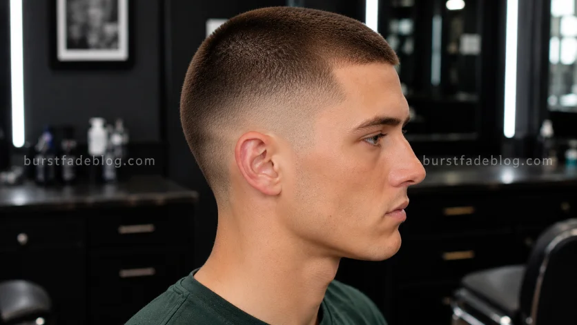 **Alt Text:**
Burr Cut with Burst Fade featuring a Number 1 buzz cut, smooth fade around the ears, and clean side profile in a contemporary barbershop.
