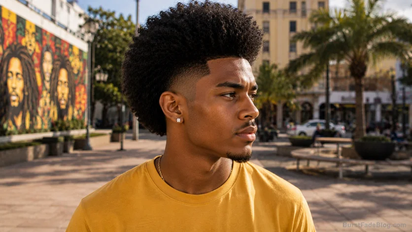 Burst fade afro haircut with a full shaped afro, sharp fade around the ears, and relaxed side profile in a sunlit urban plaza setting.