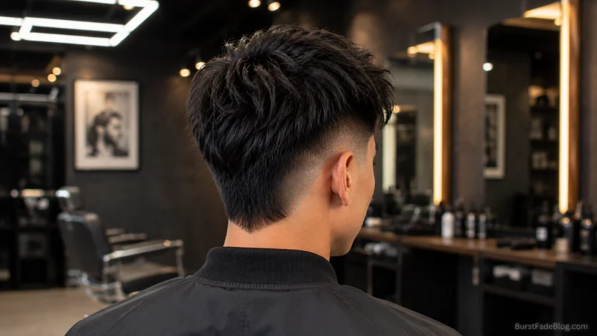 Burst Fade Back View haircut with perfectly blended burst fade, clean neckline, and detailed rear hairstyle design in a barber studio.