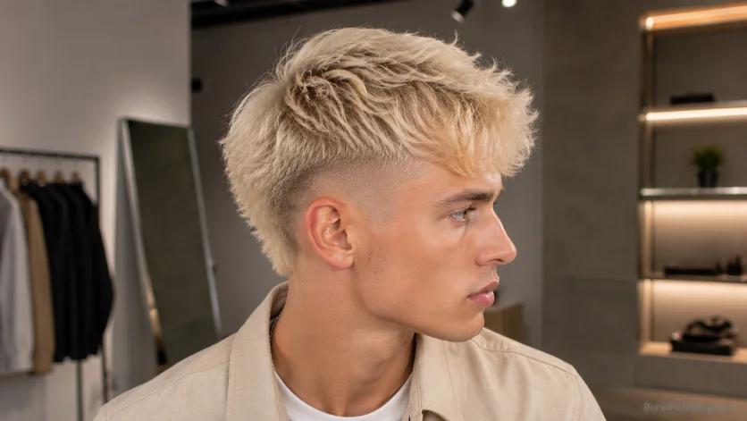Burst Fade Blonde Hair haircut with platinum blonde textured top, clean burst fade, and modern men's hairstyle in side profile.