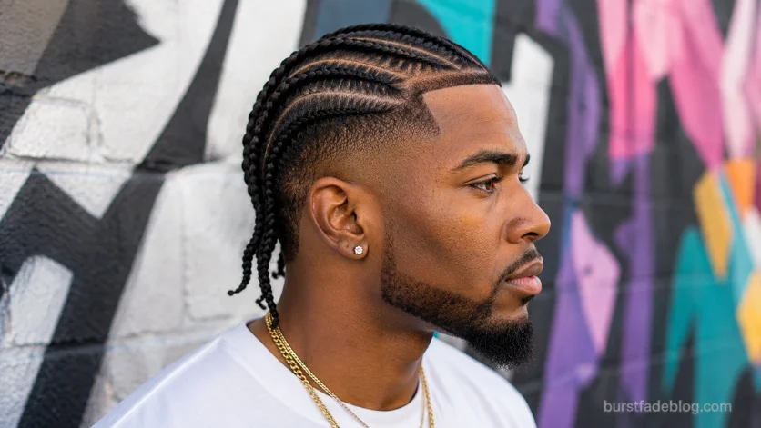 Burst fade with cornrow braids on Black man, featuring sharp edges and detailed braid patterns against an urban mural backdrop.