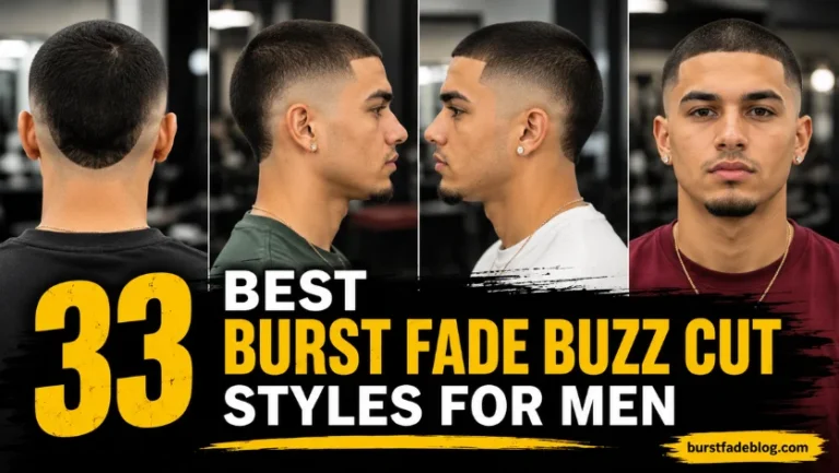 33 Best Burst Fade Buzz Cut Styles for Men collage featuring back view, left-side profile, right-side profile, and front view of a clean burst fade buzz cut haircut in a professional barbershop setting.