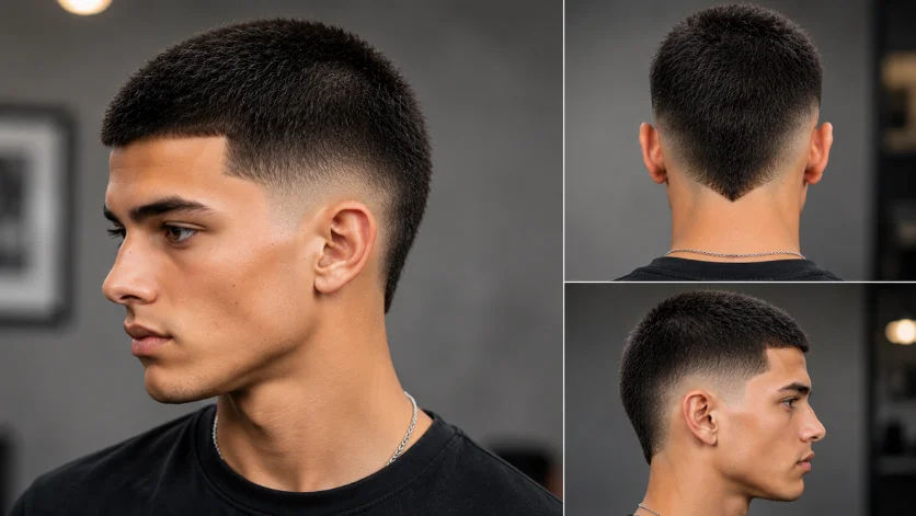 Burst fade buzz cut with a short textured top, clean burst fade around the ears, and sharp side profile in a professional studio setting.