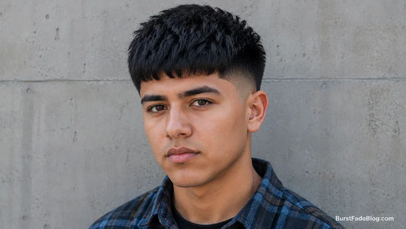 Burst fade Caesar cut for thick hair hairstyle
