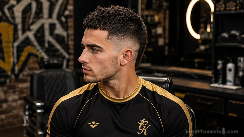 Burst Fade Caesar Mohawk haircut with a mohawk-inspired textured top, sharp burst fade sides, black-and-gold athletic shirt, urban barbershop setting.