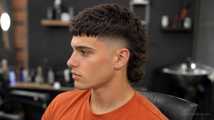Burst Fade Caesar Mullet haircut with textured fringe and modern mullet back.