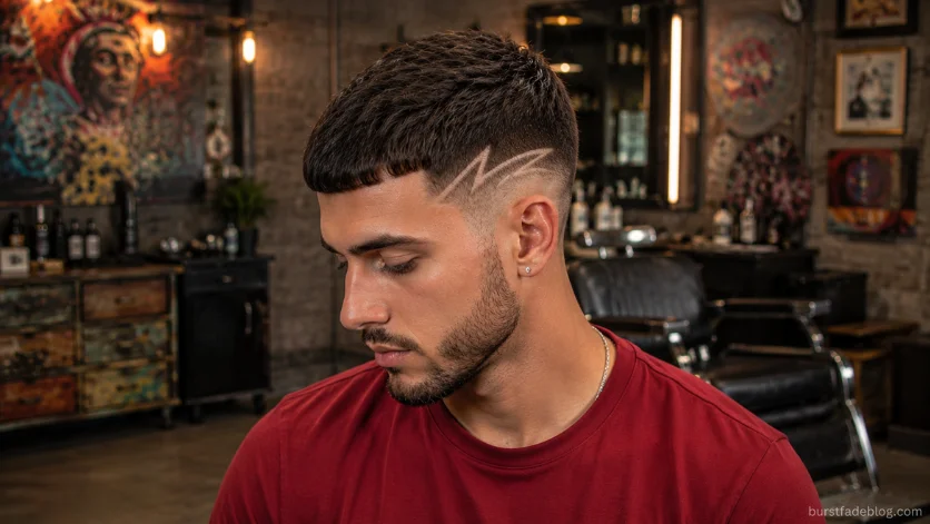 Burst Fade Caesar haircut with shaved hair design in artistic barbershop setting.