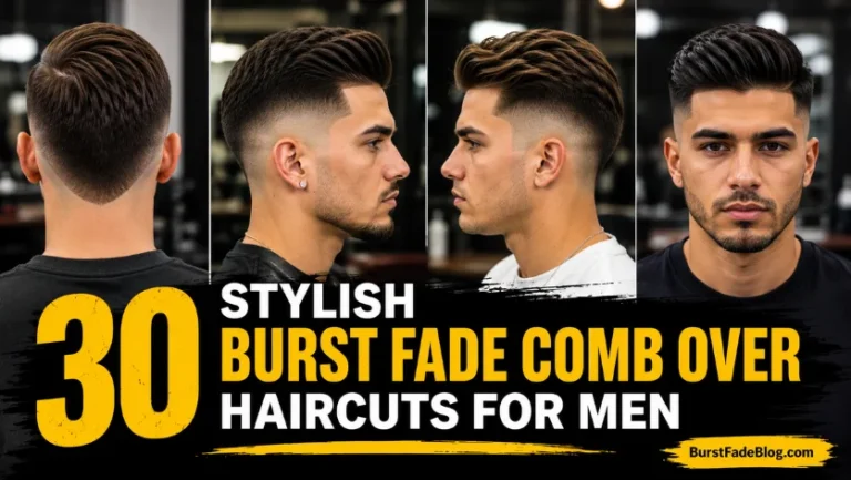 "30 stylish burst fade comb over haircuts for men collage with front, side, and back views"