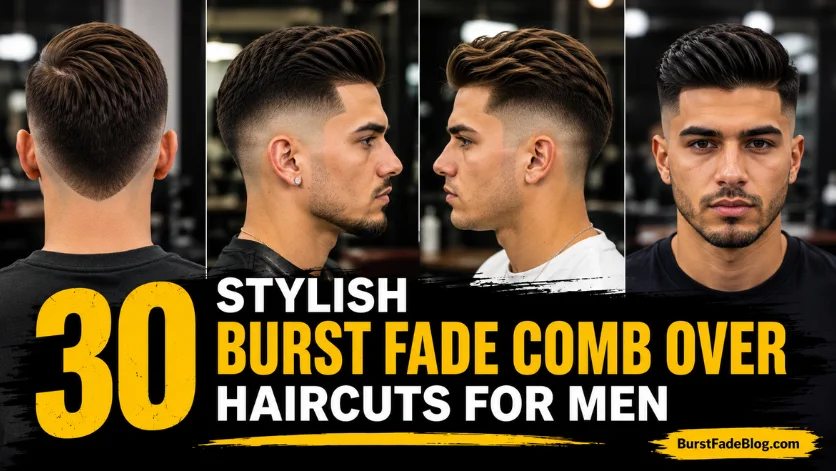 "30 stylish burst fade comb over haircuts for men collage with front, side, and back views"