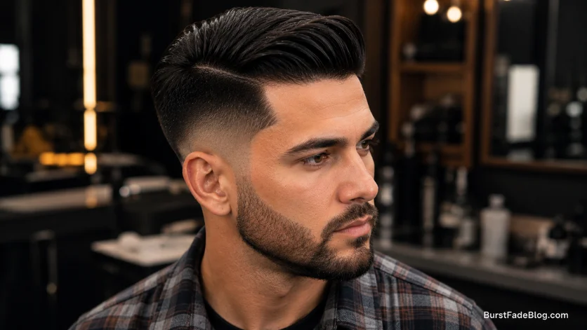 Burst fade comb over for thick hair hairstyle
