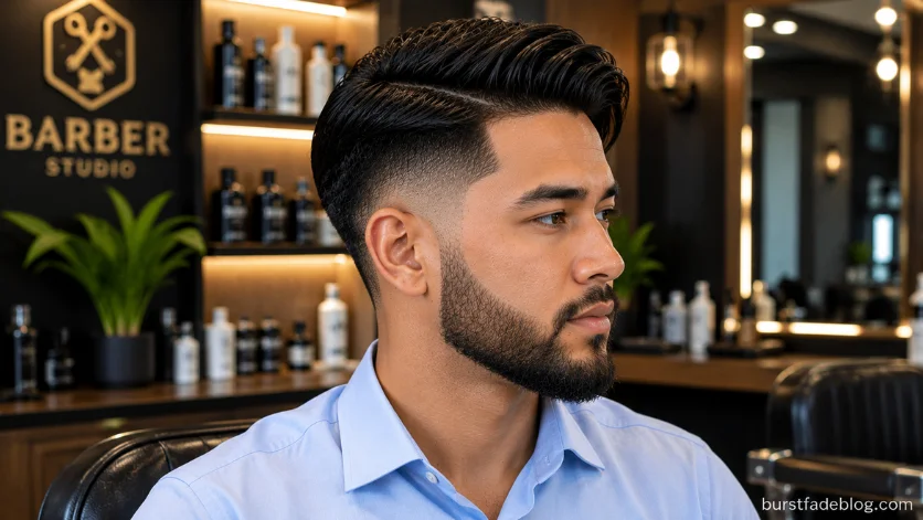 Burst Fade Comb Over with Beard featuring a sleek comb over, clean burst fade, and neatly trimmed beard in a premium barbershop.