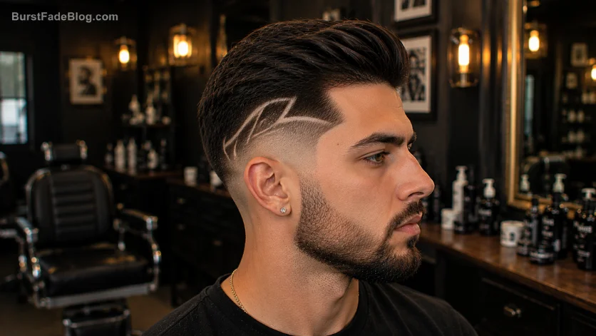 "Burst Fade Comb Over with Design haircut featuring artistic shaved lines and clean fade."