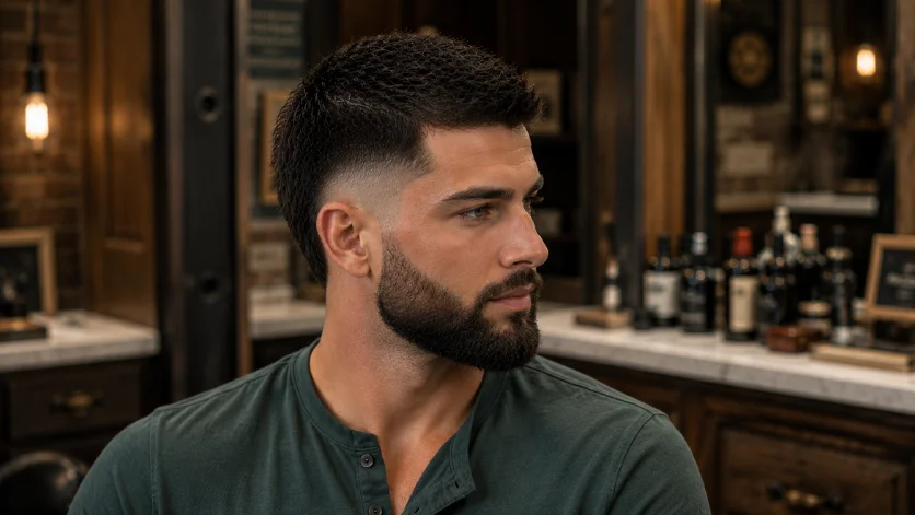 Burst Fade Crew Cut With Beard featuring a textured top and full groomed beard blend.