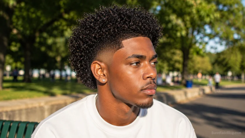 Burst Fade Curly Hair haircut with voluminous natural curls, sharp burst fade, and modern men's hairstyle in a park setting.