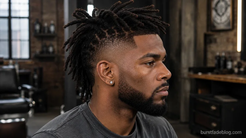 Burst fade with medium dreadlocks on Black man, featuring a clean fade, sharp hairline, and textured dreads in an industrial barbershop.