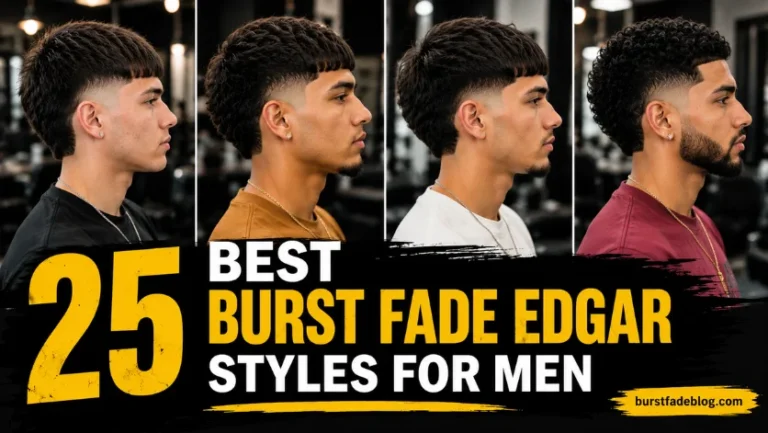 Collage of four men showcasing different Burst Fade Edgar haircut styles with bold text reading “25 Best Burst Fade Edgar Styles for Men.”