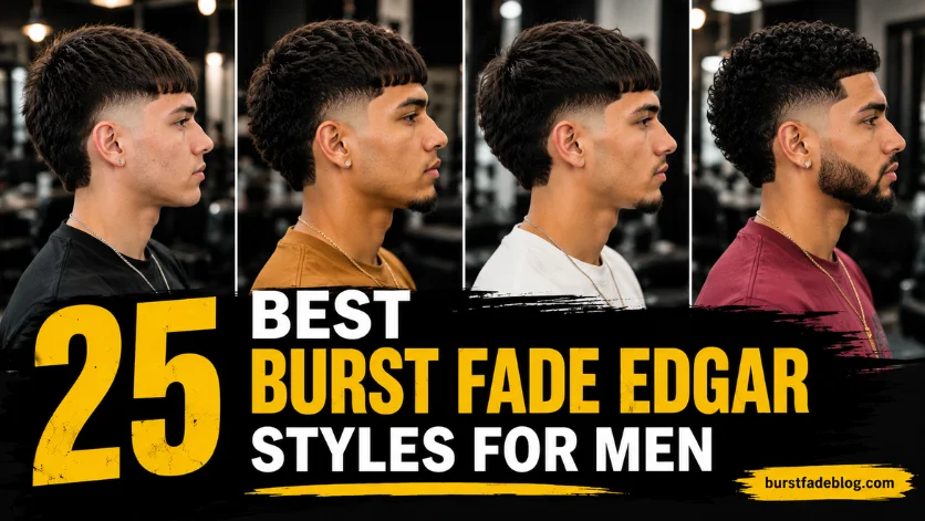 Collage of four men showcasing different Burst Fade Edgar haircut styles with bold text reading "25 Sharp Burst Fade Edgar Styles for 2026