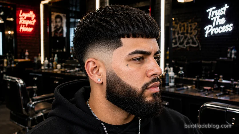 Burst fade Edgar haircut with full beard on Mexican man