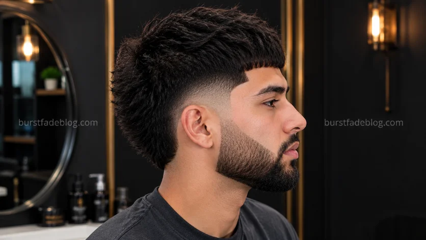 Middle Eastern male with Burst Fade Edgar haircut and full beard, featuring a clean burst fade, sharp beard connection, and modern barbershop styling.