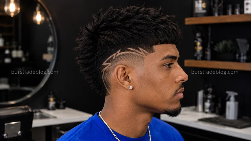 African American male with Burst Fade Edgar haircut featuring an intricate shaved design, sharp burst fade, textured top, and modern barber styling.