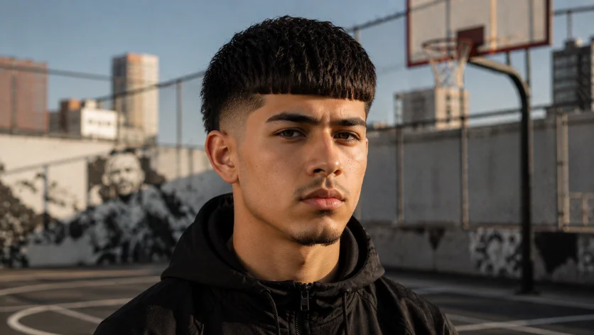 Burst fade Edgar haircut with a sharp straight fringe, bold textured top, and clean fade around the ears at a modern outdoor basketball court.