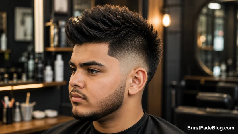Teen boy with a burst fade faux hawk haircut and faded sides in a modern barbershop.
