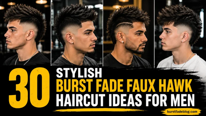 Short Alt Text: 30 Stylish Burst Fade Faux Hawk Haircut Ideas for Men featuring modern faux hawk fade styles.