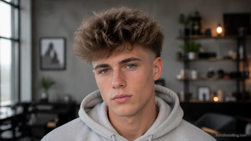 Burst Fade Fluffy Hair haircut with airy textured volume, clean burst fade, and modern fluffy hairstyle for men.