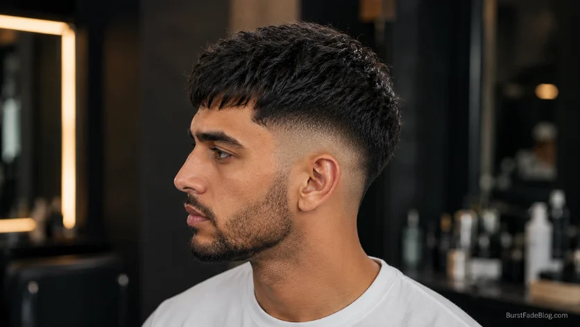 Burst fade French crop for thick hair hairstyle
