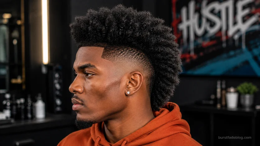 Burst fade frohawk for Black men with voluminous afro texture, sharp lineup, and clean faded sides.