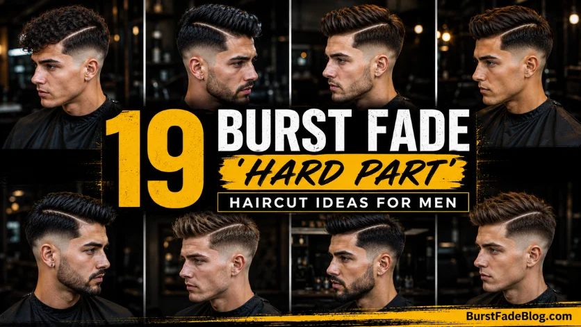 19 Burst Fade Hard Part haircut ideas for men featuring eight stylish burst fade hairstyles, bold magazine-style typography, dark barbershop background, and modern men's grooming design.