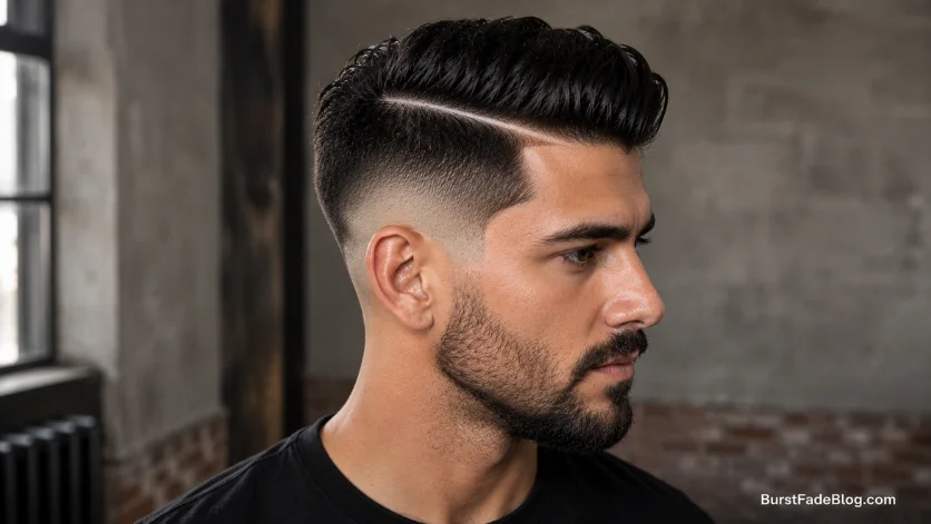 Burst fade hard part for thick hair hairstyle
